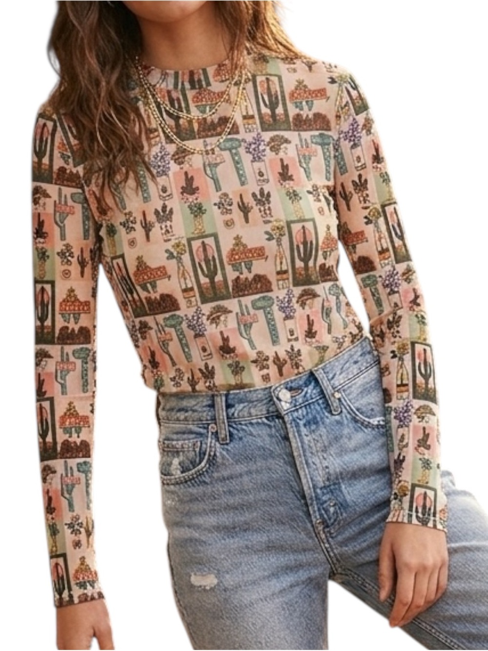 Turquoise Haven Western Cowboy Motel Print Mesh Long Sleeve Top Shirt Size Large